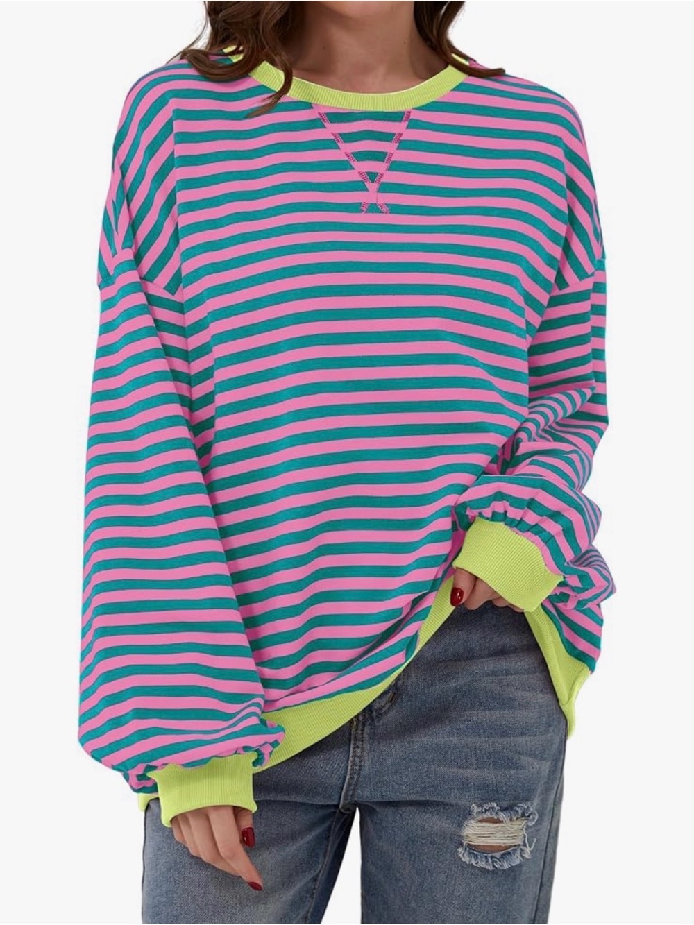 Striped Pink and Teal Crewneck Sweater with Lime Trim